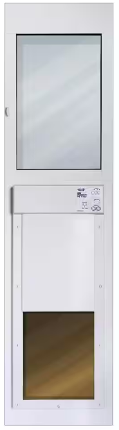 A white framed pet door with a window at the top and an electronic control unit above the pet opening.