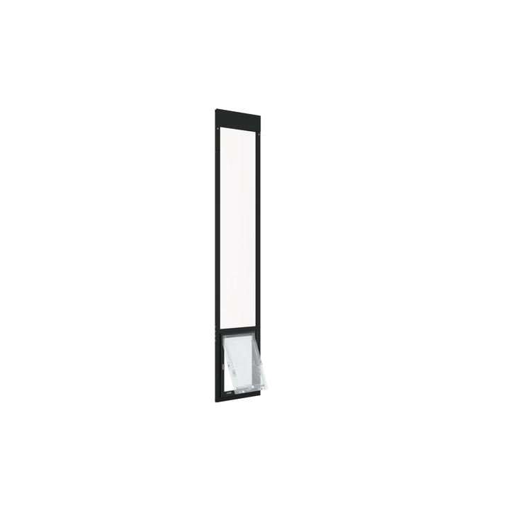  Large black Dragon single flap pet door for aluminum sliding glass doors, front view, angled, open. Economical pet door solution for aluminum sliding glass doors.