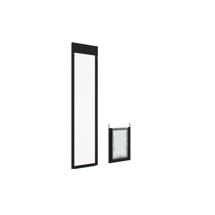  Large black Dragon single flap pet door for aluminum sliding glass doors, separated, angled. Quick, simple installation with no tools required for most setups.