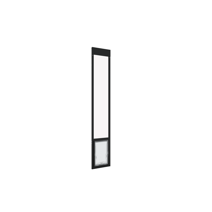  Large black Dragon single flap pet door for aluminum sliding glass doors, side view. Sturdy, aluminum frame for durability and a sleek appearance.
