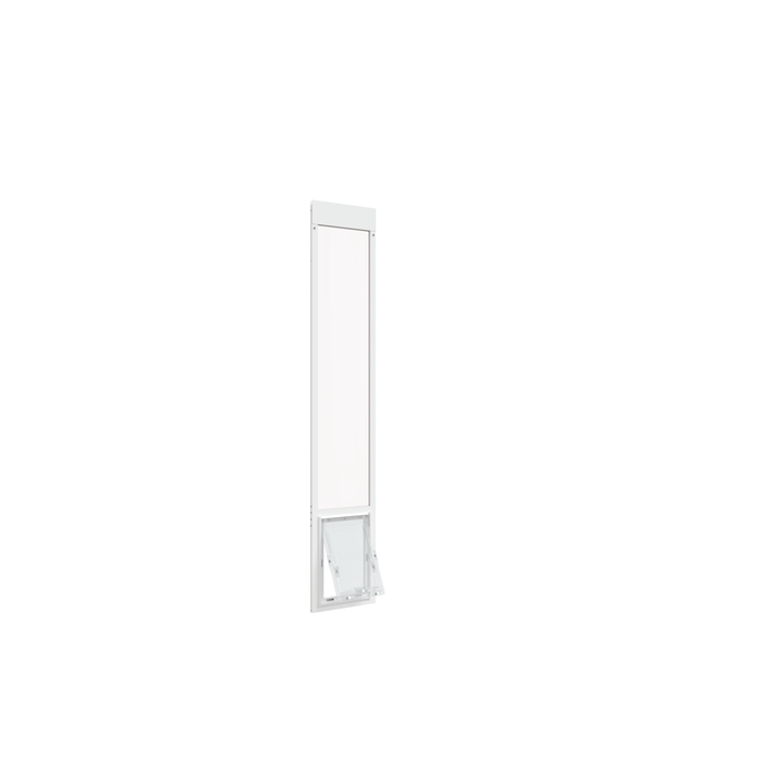  Large white Dragon single flap pet door for aluminum sliding glass doors, front view, open. Two-piece flap design for improved insulation and energy efficiency.