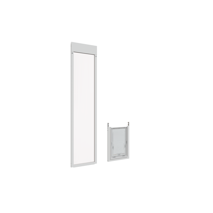  Large white Dragon single flap pet door for aluminum sliding glass doors, separated, angled. Quick, simple installation with no tools required for most setups.