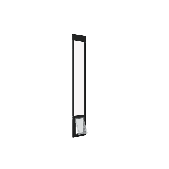  Medium black Dragon single flap pet door for aluminum sliding glass doors, front view, open. Economical pet door solution for aluminum sliding glass doors.