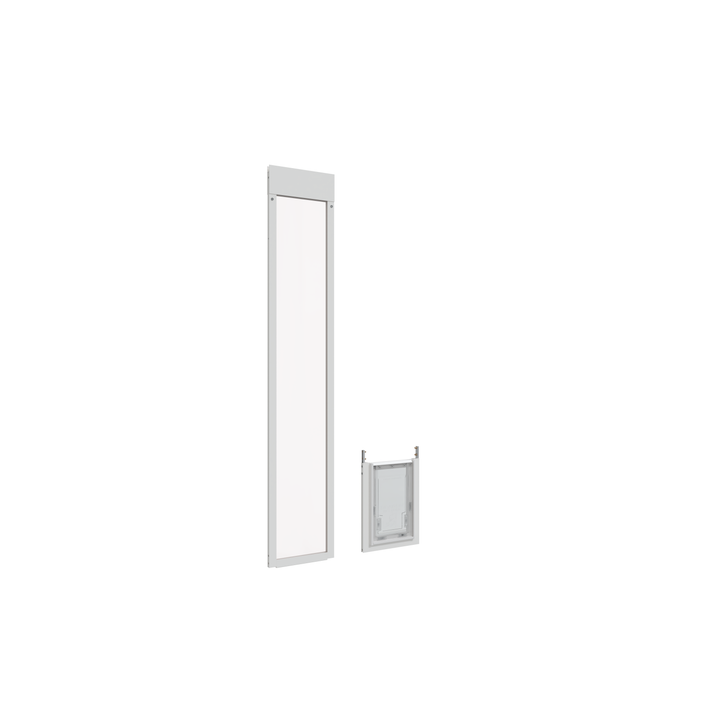  Medium white Dragon single flap pet door for aluminum sliding glass doors, separated, angled. Removable pet door solution for aluminum sliding glass doors.