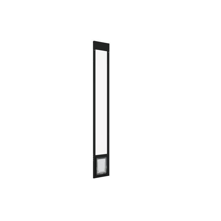  Small black Dragon single flap pet door for aluminum sliding glass doors, front view, angled. Fits sliding door track heights ranging from 74.75" to 96.25". 