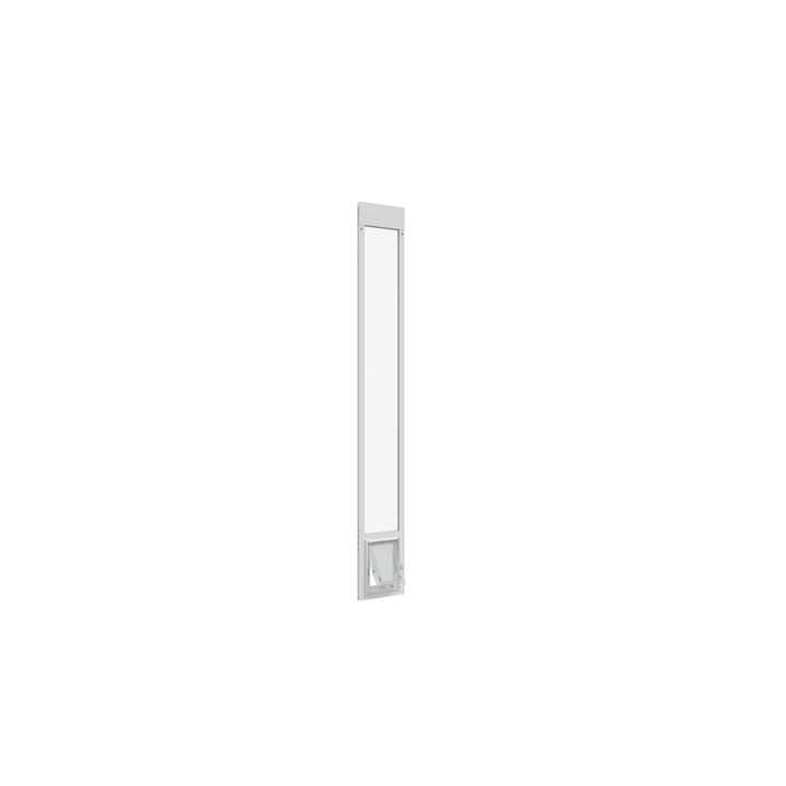  Small white Dragon single flap pet door for aluminum sliding glass doors, front view, angled, with locking cover open. Two-piece flap design for improved insulation and energy efficiency. 