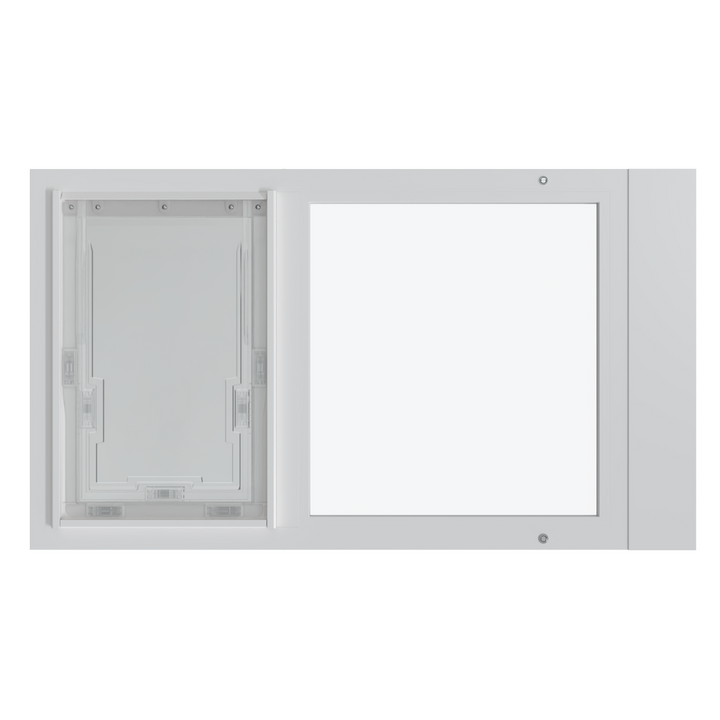 A white Dragon Vinyl Pet Door for Sash Windows installed in a window with the flap slightly open and the top-loading locking cover in place.