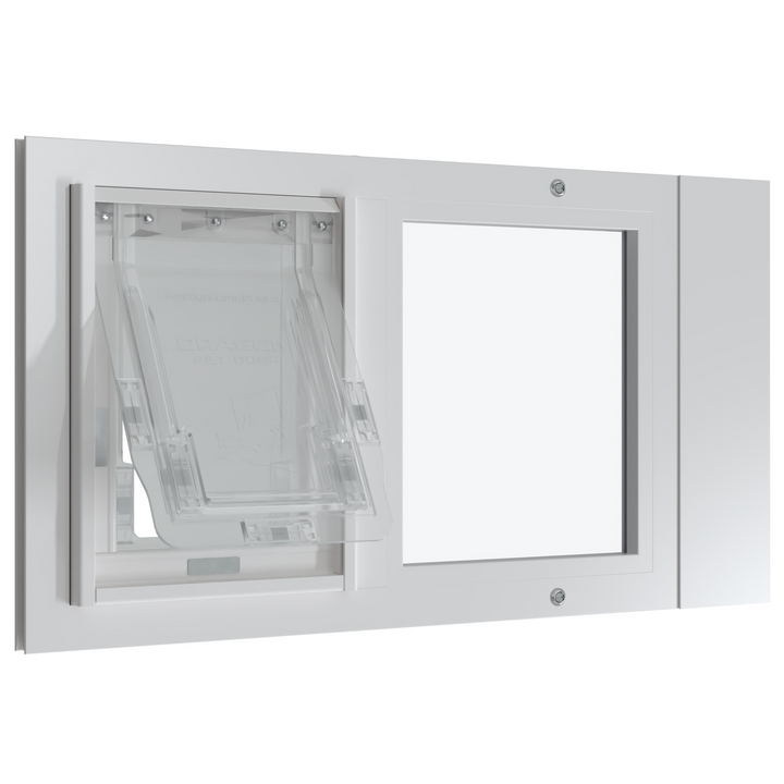 White Dragon Vinyl Pet Door for Sash Windows installed in a window with the flap open, showing the translucent flap.