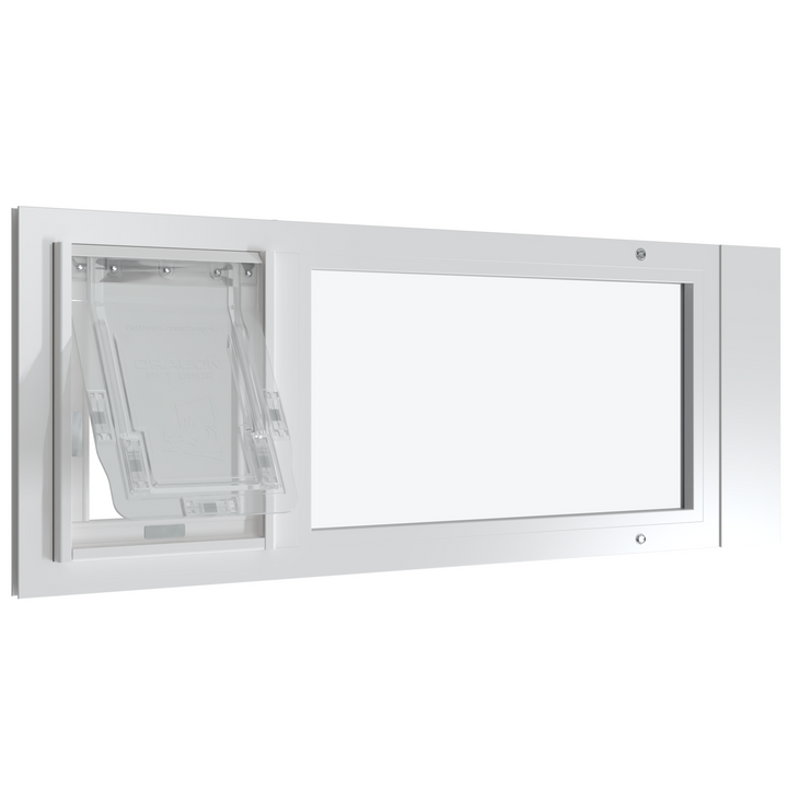White Dragon Vinyl Pet Door for Sash Windows installed in a window with the flap open and the top-loading locking cover in place, showing the easy installation feature.