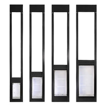 Four black dog door panels of varying sizes are positioned side by side on a white background.