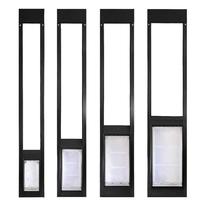 Four black dog door panels of varying sizes are positioned side by side on a white background.