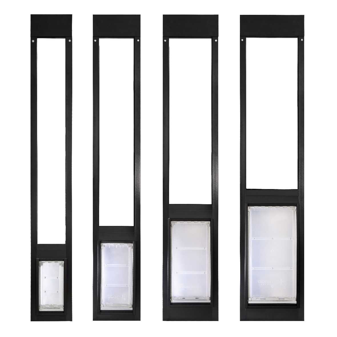 Four sliding glass door pet inserts of increasing dog door size.