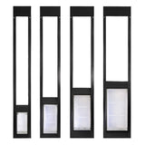 Four sliding glass door pet inserts of increasing dog door size.