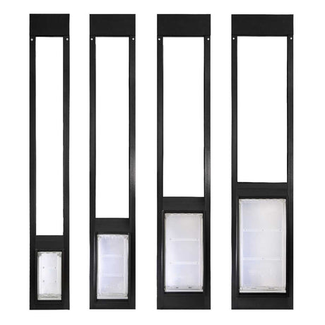 Four sliding glass door pet inserts of increasing dog door size.