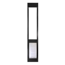 Black framed pet door with a transparent flap, isolated on a white background.