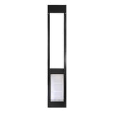 Black-framed pet door with a sliding panel.