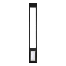 A black-framed pet door insert for sliding glass doors on a white background.