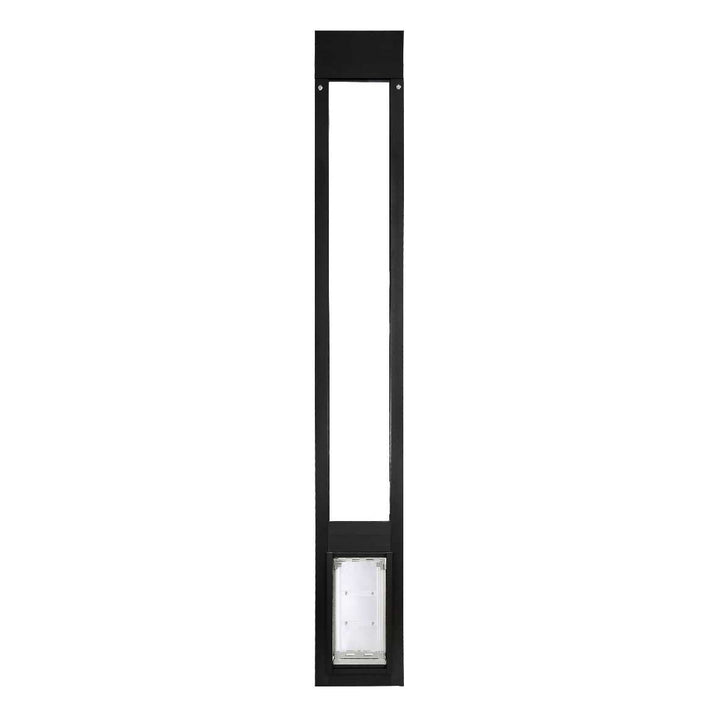 A black-framed pet door insert for sliding glass doors on a white background.