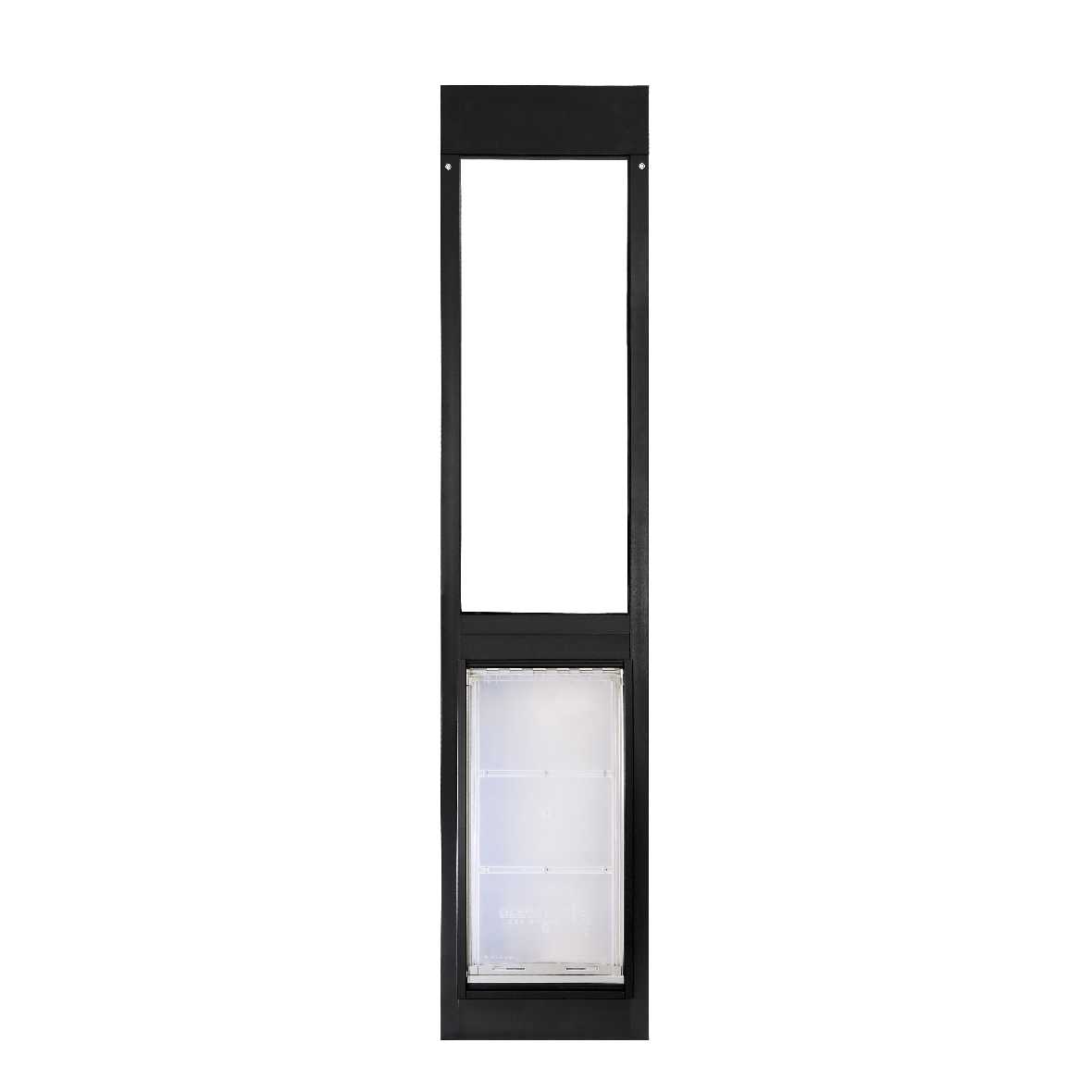 A black-framed dog door replacement window with a clear flap.