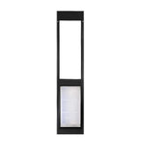 A black-framed dog door replacement window with a clear flap.