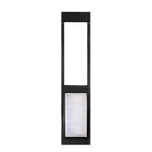 A black-framed sliding glass door insert with a pet door at the bottom.