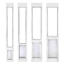Four white patio door inserts with varying sizes of integrated pet doors.