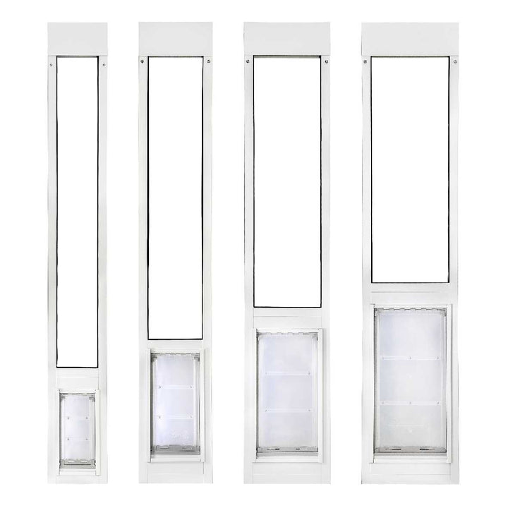 Four white patio door inserts with varying sizes of integrated pet doors.