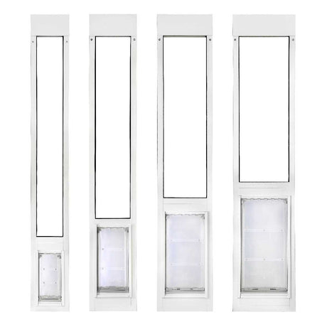 Four white framed sliding glass door pet inserts with varying pet door sizes.