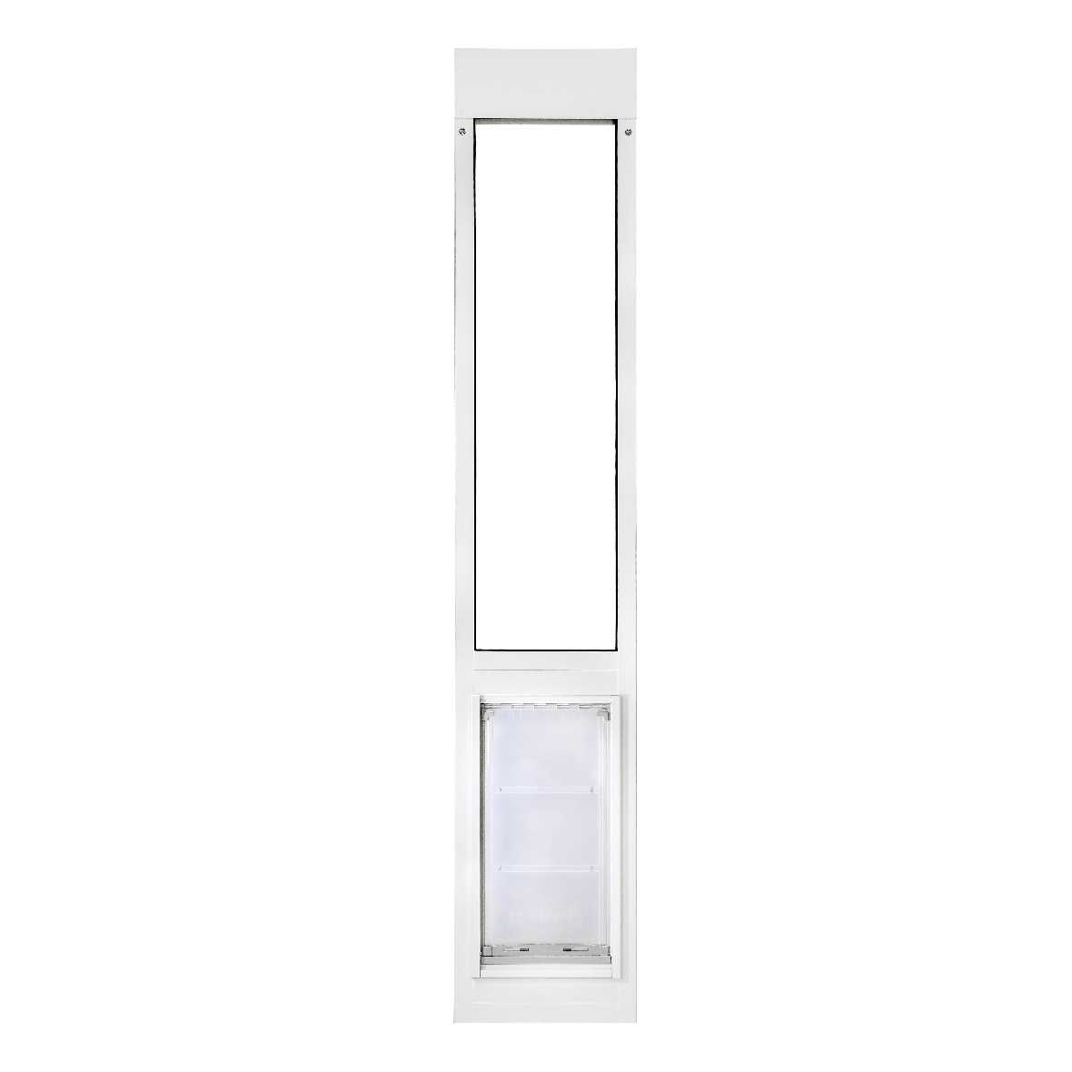 White sliding glass door insert with pet door.