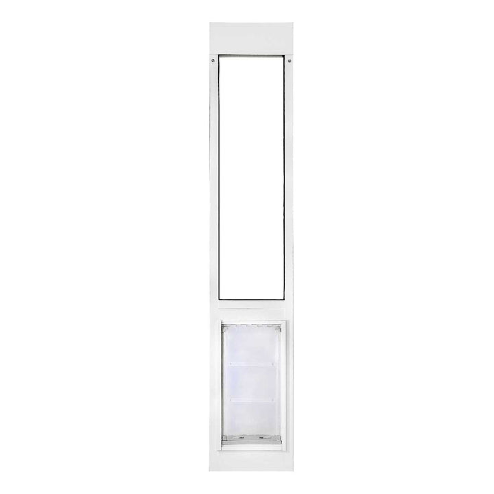 White patio door insert with a pet door at the bottom.