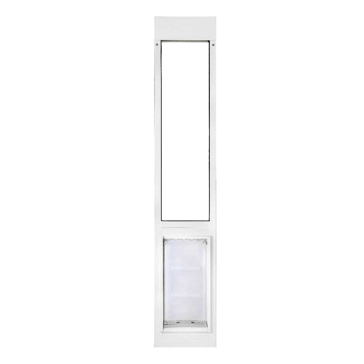 White patio door insert with a pet door.