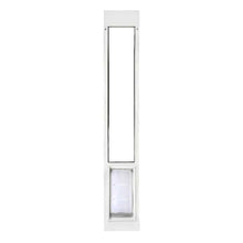 A white sliding glass door insert with a pet door.