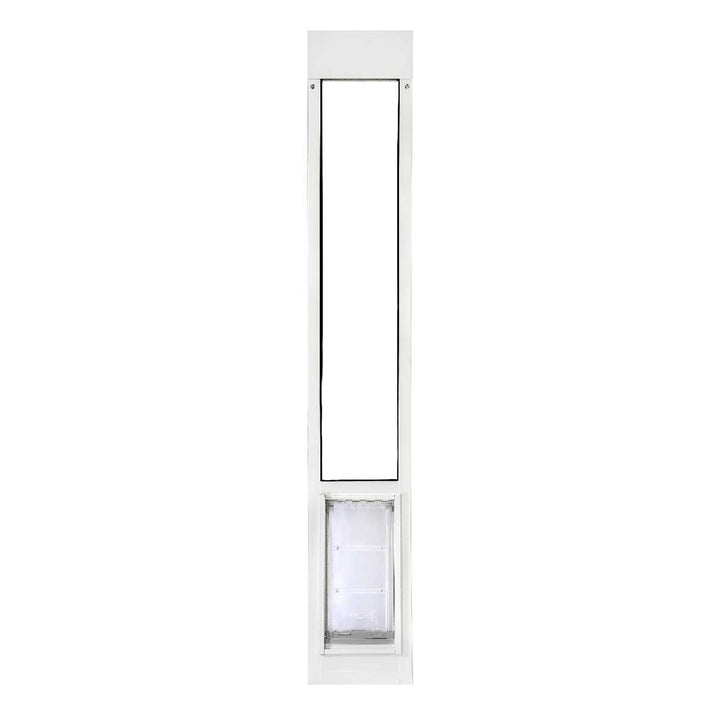 A white sliding glass door insert with a pet door.