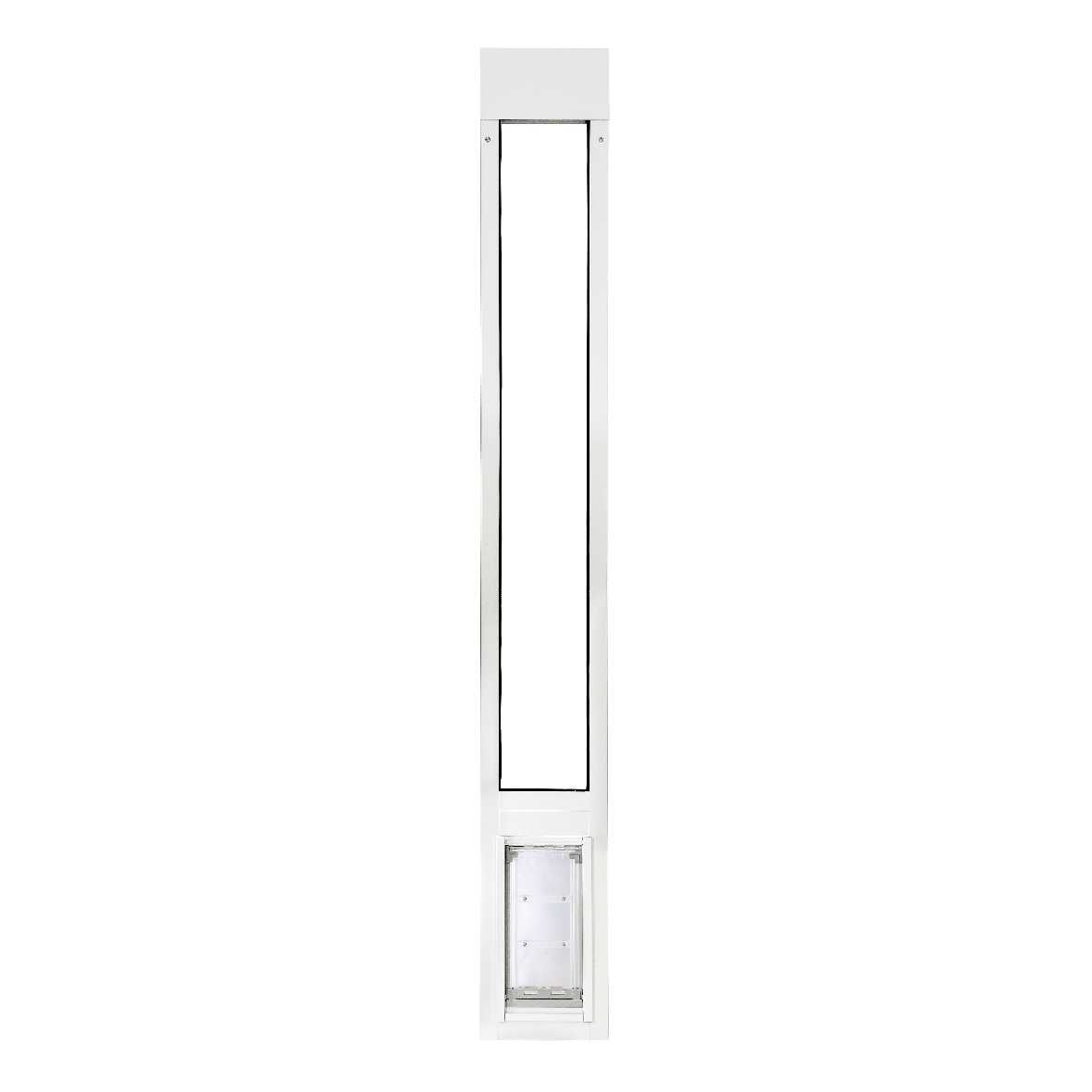 White patio door insert with a clear pet door.