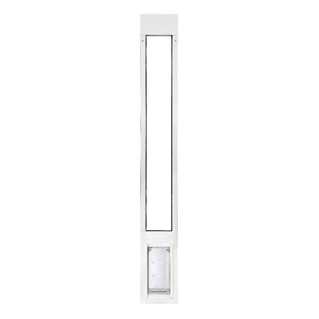 White sliding glass door insert with a pet door.