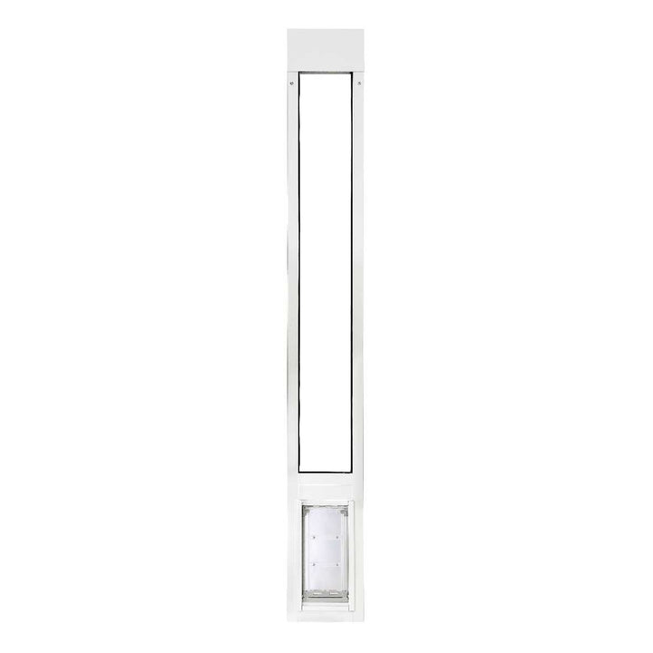 White sliding glass door insert with a pet door.