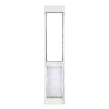 White-framed sliding glass door insert with a pet door at the bottom.