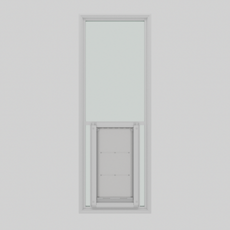 A vertically-oriented window with a built-in pet door.