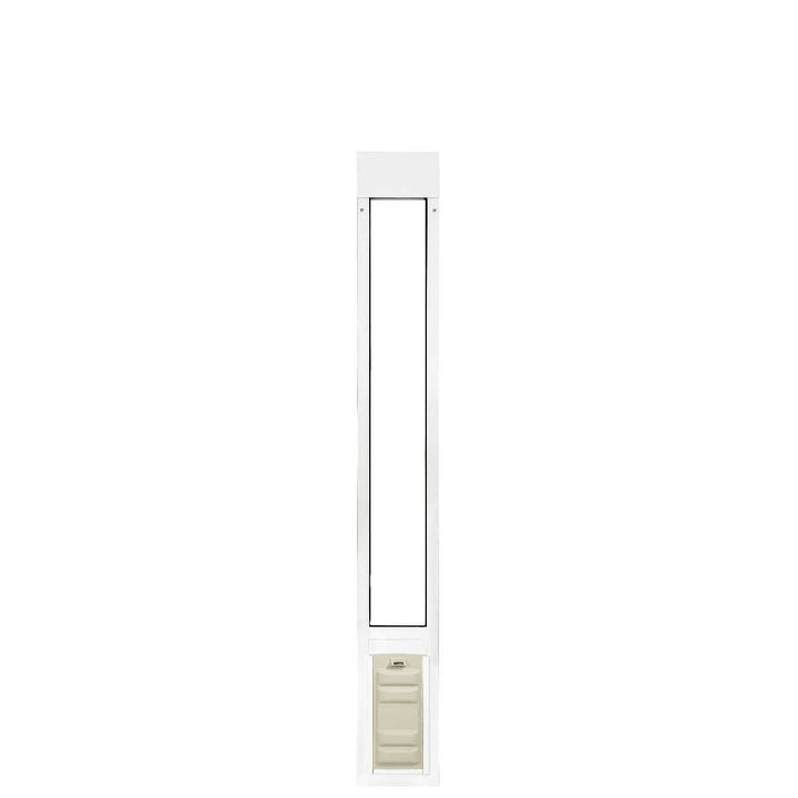 White framed glass slider for a pet door.
