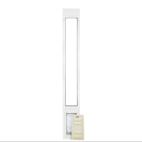 White sliding glass door pet door insert with tan panel.