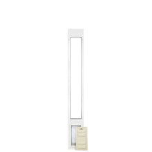 White sliding glass door insert with a pet door and a tan plastic closure panel.