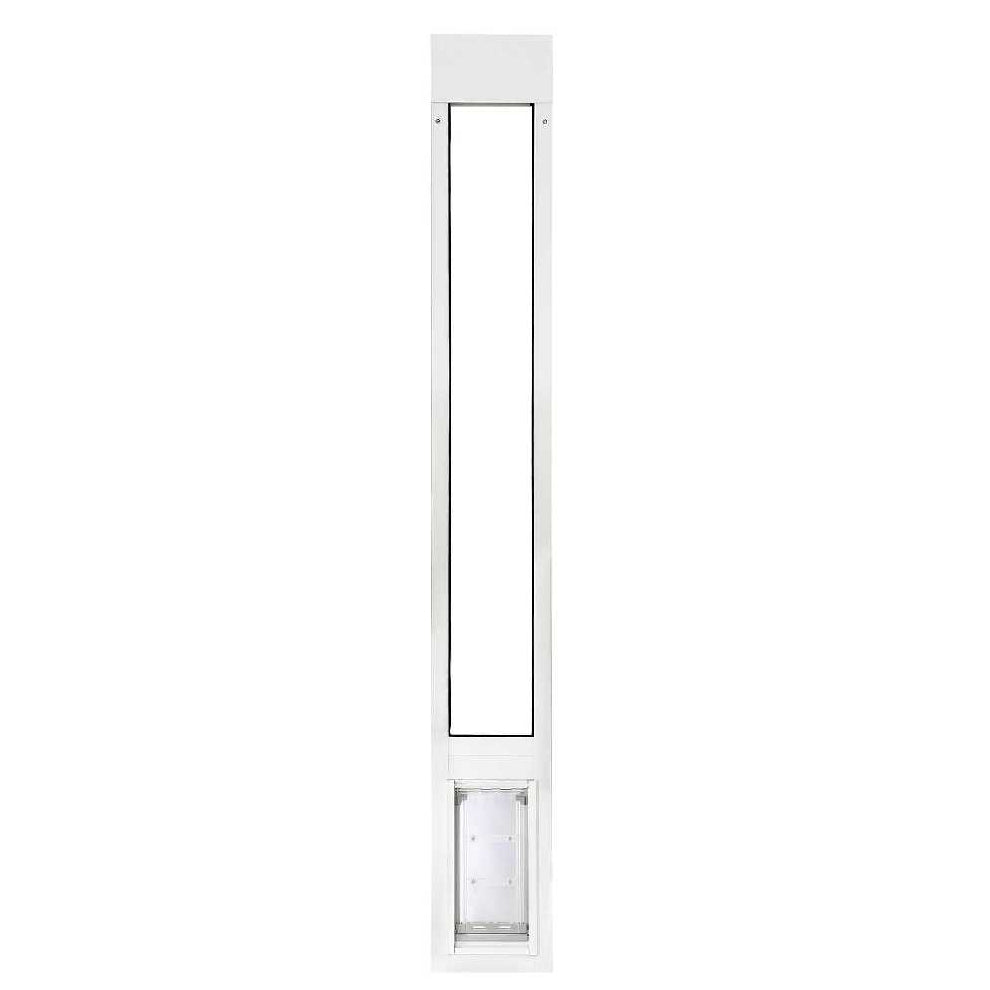 A white sliding glass door insert for pets.