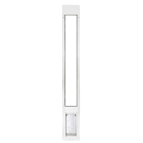 A white sliding glass door insert for pets.