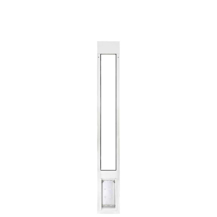 A white sliding glass door insert for pets.