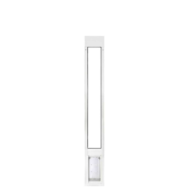 White-framed sliding glass door insert with a pet door.