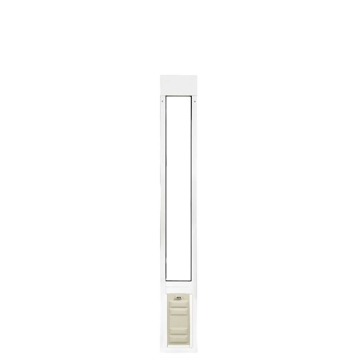 A white, vertical pet door frame.
