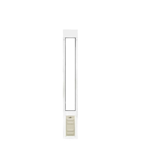 A white, vertically oriented pet door insert is isolated against a white background.