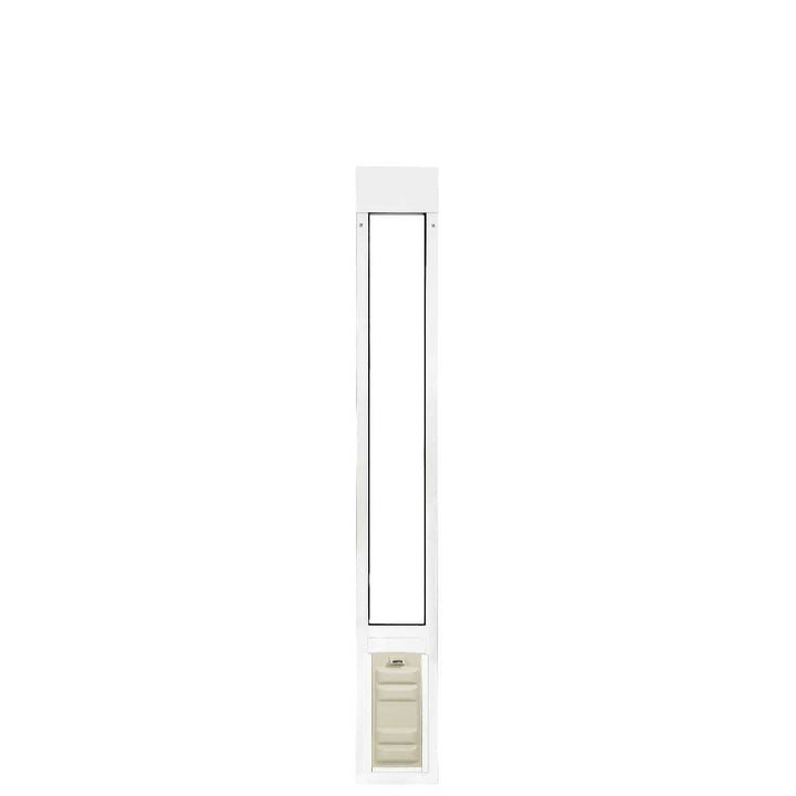 A white, vertically oriented pet door insert is isolated against a white background.