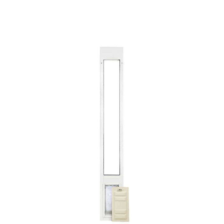 A white-framed sliding glass door insert with a pet door and closing panel, seen on a white background.