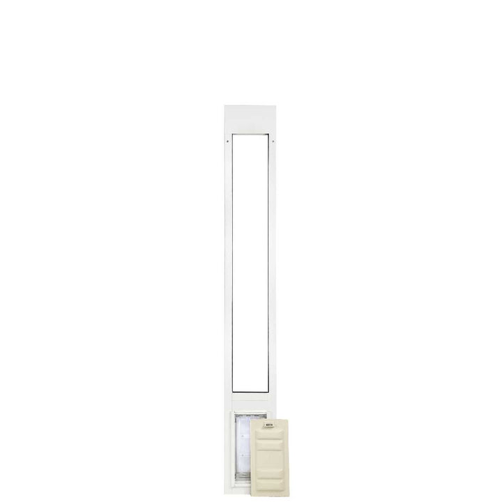 A white-framed patio door insert with a pet door and closure panel.